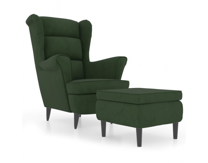 Sonata H Фотьойл Wingback с табуретка, тъмнозелена, кадифе