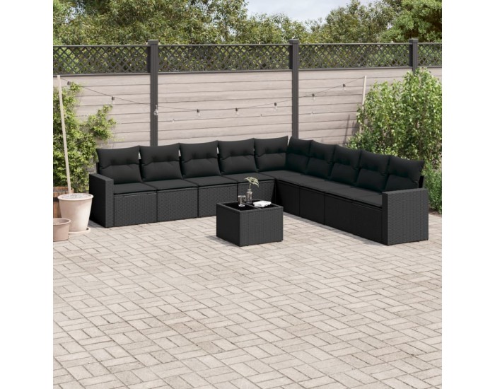 Sonata Set canapele de grădină cu perne, 10 piese, negru, poliratan