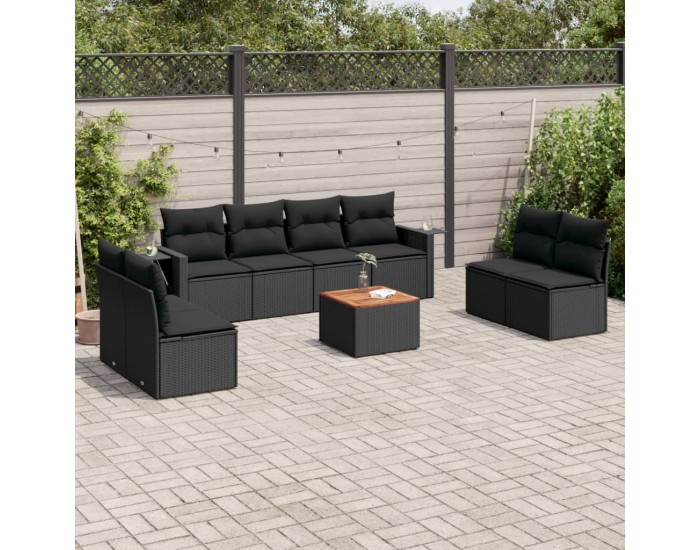 Sonata Set mobilier de grădină cu perne, 9 piese, negru, poliratan