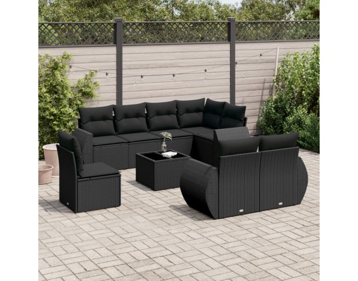 Sonata Set mobilier de grădină cu perne, 9 piese, negru, poliratan