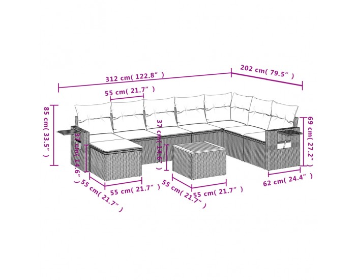 Sonata Set mobilier de grădină cu perne, 9 piese, negru, poliratan