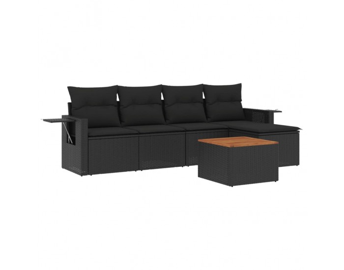 Sonata H Градински диван с възглавници, 6 части, черен, полиратан