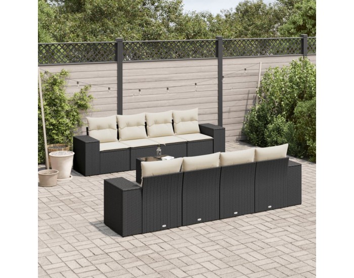 Sonata Set mobilier de grădină cu perne, 9 piese, negru, poliratan