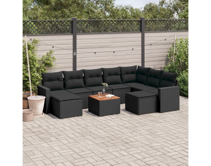 Sonata Set canapele de grădină cu perne, 10 piese, negru, poliratan
