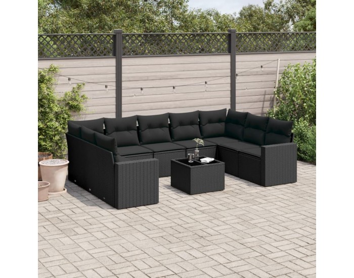 Sonata Set canapele de grădină cu perne, 10 piese, negru, poliratan