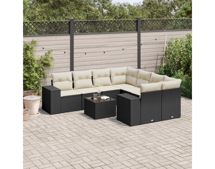 Sonata Set mobilier de grădină cu perne, 9 piese, negru, poliratan