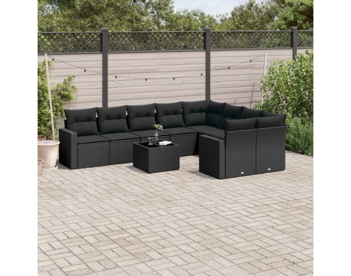 Sonata Set canapele de grădină cu perne, 10 piese, negru, poliratan