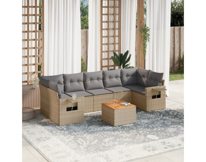 Sonata H Градински диван с възглавници, 8 части, бежов полиратан