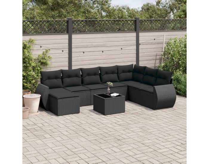 Sonata Set mobilier de grădină cu perne, 9 piese, negru, poliratan
