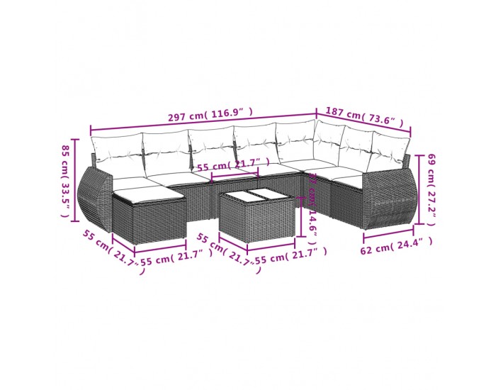 Sonata Set mobilier de grădină cu perne, 9 piese, negru, poliratan