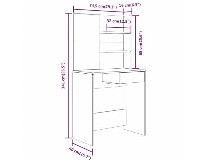 Sonata H Тоалетка с огледало, бял гланц, 74,5x40x141 см