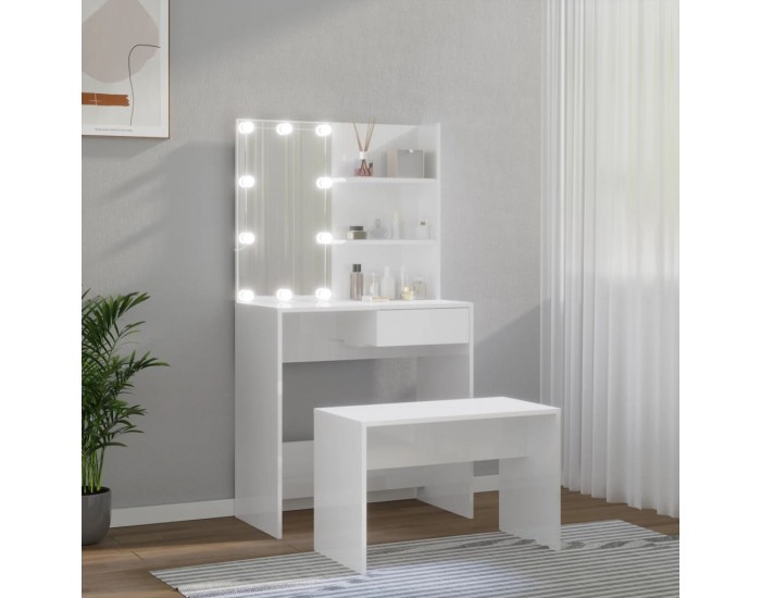 Sonata H Комплект тоалетка с LED, бял гланц, инженерно дърво