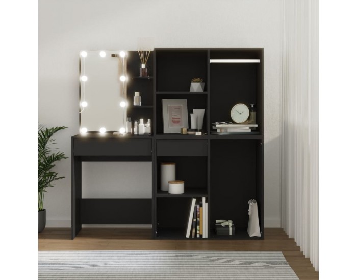 Sonata H LED тоалетка с шкафове, черна, инженерно дърво