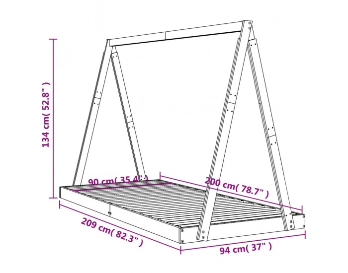Sonata H Рамка за детско легло бяла 90x200 см масивна борова дървесина