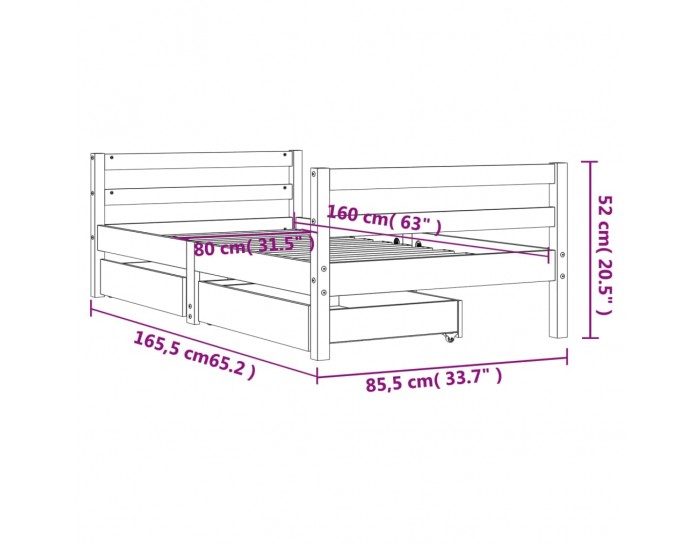 Sonata H Рамка за детско легло с чекмеджета, бяла, 80x160 см, чам масив