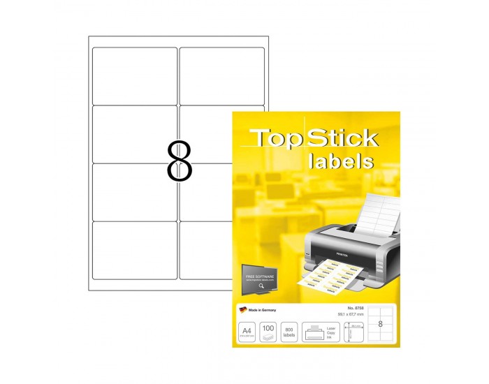 Top Stick Самозалепващи етикети, A4, 99.1 х 67.7 mm, 8 броя, 100 листа