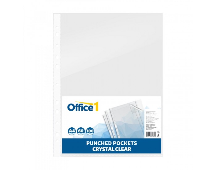 Office 1 Джоб за документи, A4, 60 µm, кристал, 100 броя