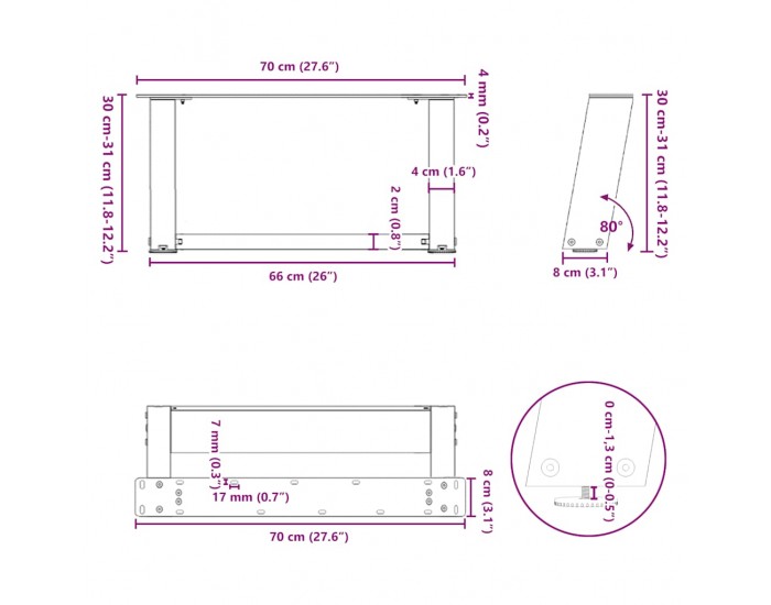 Sonata H Крака за холна маса с U-образна 2 бр черни 70x(30-31)см стомана
