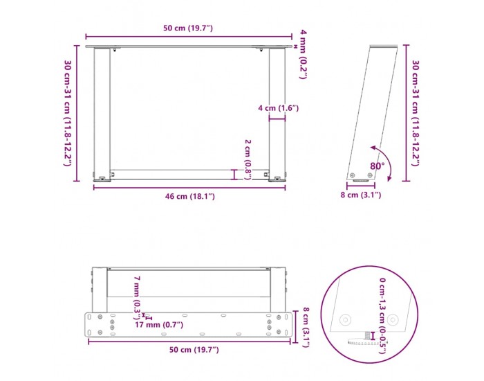 Sonata H Крака за холна маса с U-образна 2 бр черни 50x(30-31)см стомана