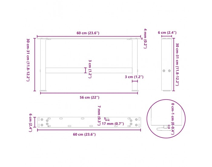Sonata H Крака за масичка за кафе антрацит 2 бр. 60x(30-31) см стомана