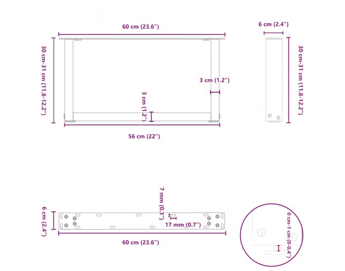 Sonata H Крака за холна маса с U-образна 2 бр черни 60x(30-31)см стомана