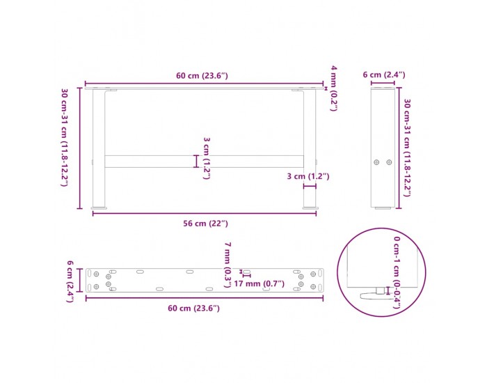 Sonata H Крака за масичка за кафе бели 2 бр. 60x(30-31) см стомана