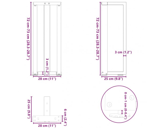 Sonata H Конзолна маса крака T-образна 2бр черни 25x28x(72-73)см стомана