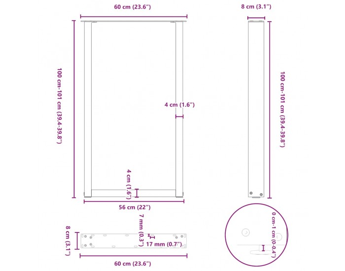 Sonata H Крака за холна маса U-образна 2 бр черни 60x(100-101)см стомана