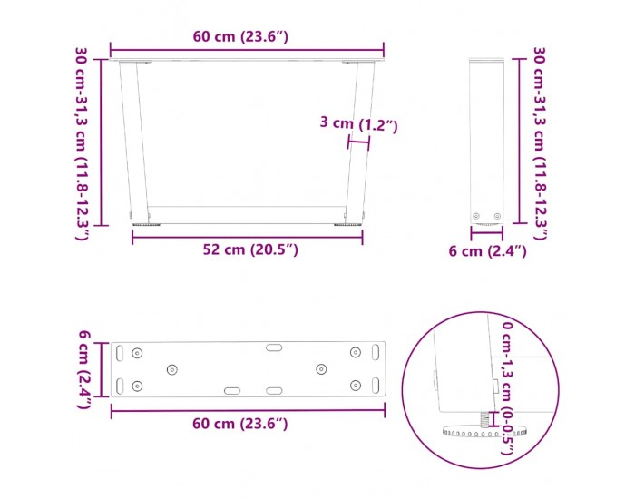 Sonata Picioare pentru măsuță de cafea în formă de V, 2 buc., alb, 60x(30-31,3) cm, oțel