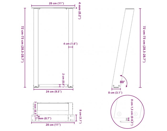 Sonata H Конзолна маса крака U-образни 2 бр. бяла 28x(72-73) cm стомана