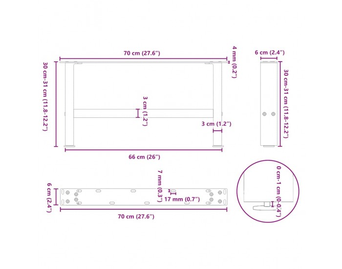 Sonata H Крака за масичка за кафе бели 2 бр. 70x(30-31) см стомана