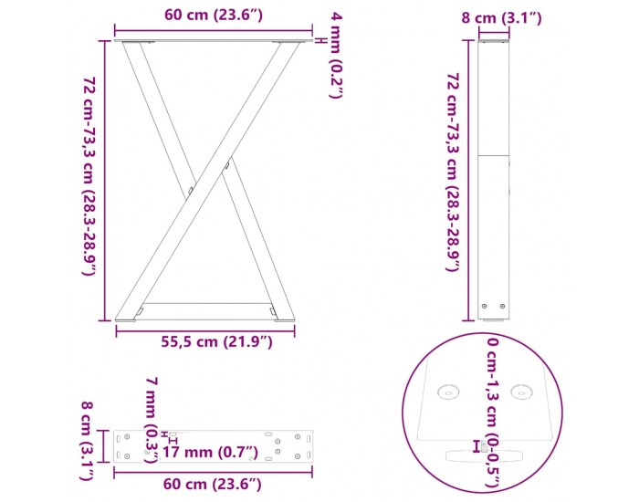 Sonata H Крака за трапезна маса 2 бр. бели 60x(72-73,3) см стомана