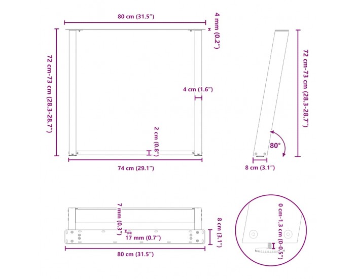 Sonata H Крака за маса за хранене с U-образна форма 2 бр. 80x(72-73) cm