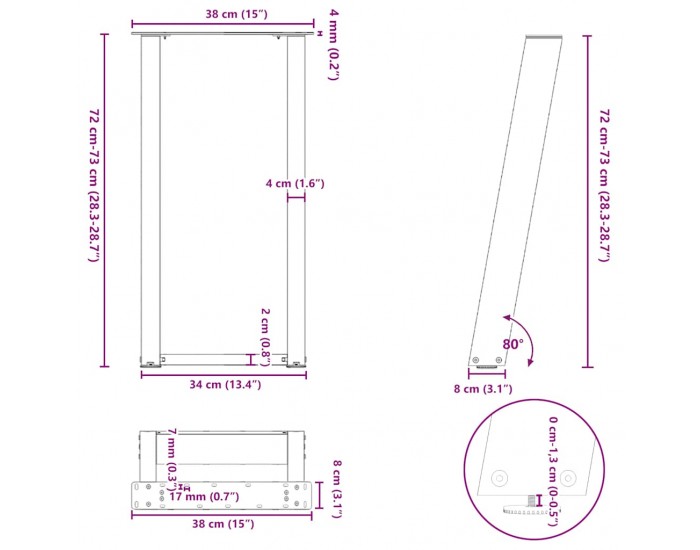 Sonata H Конзолна маса крака U-образни 2 бр. бяла 38x(72-73) cm стомана