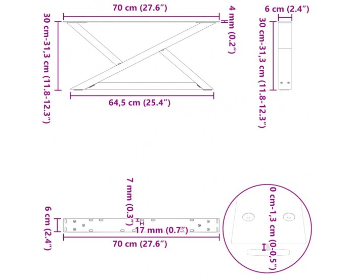 Sonata H Крака за масичка за кафе 2 бр. черни 70x(30-31,3) cm стомана