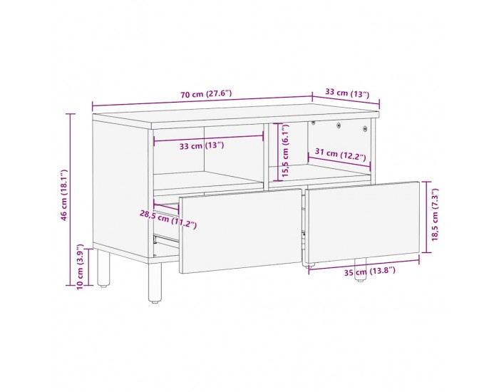 Sonata H TV шкаф кафяв 70x33x46 cm масивна дървесина манго