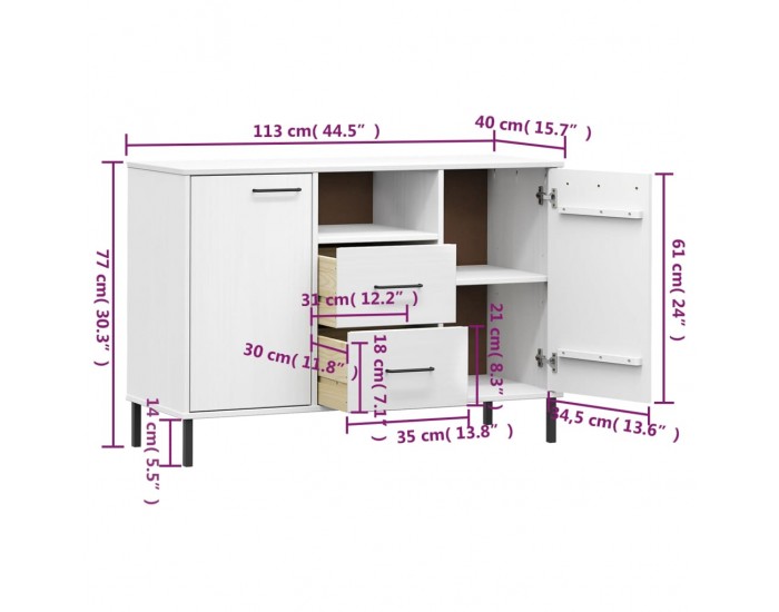 Sonata H Бюфет с метални крака бял 113x40x77 см масивно дърво OSLO