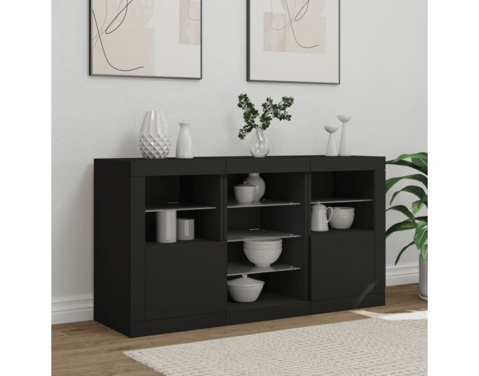 Sonata H Сайдборд с LED светлини, черен, 123x37x67 см