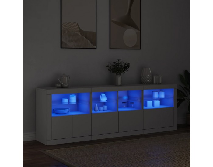 Sonata H Сайдборд с LED светлини, бял, 202x37x67 см