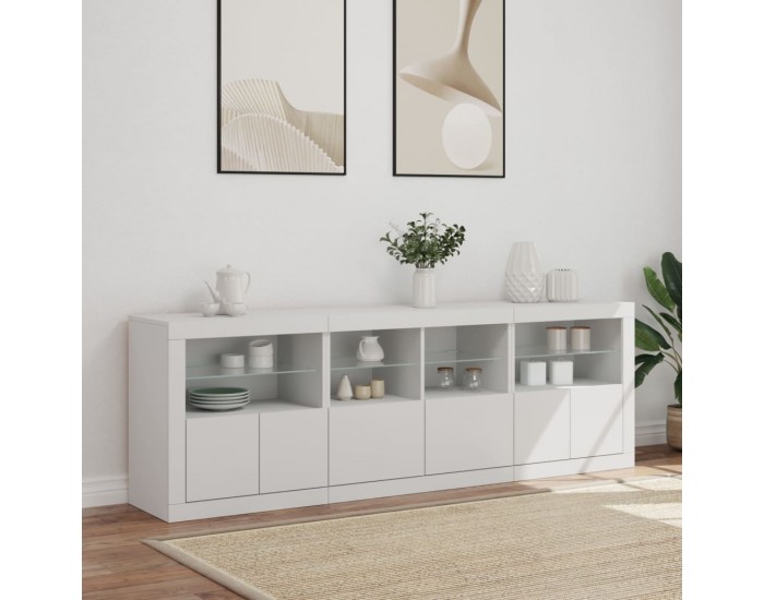 Sonata H Сайдборд с LED светлини, бял, 202x37x67 см