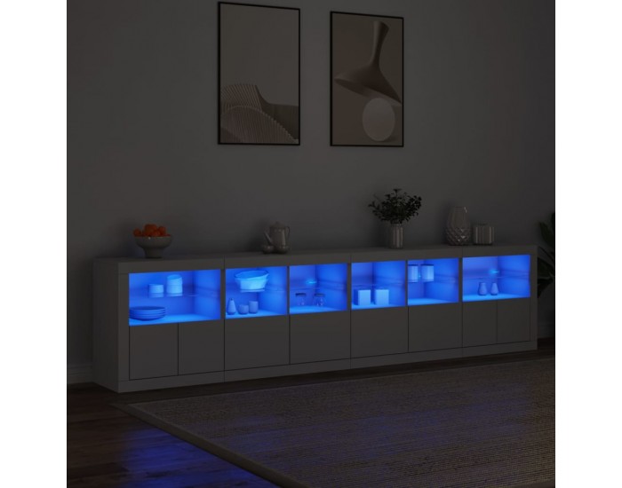 Sonata H Сайдборд с LED светлини, бял, 283x37x67 см