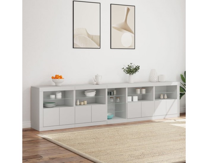 Sonata H Сайдборд с LED светлини, бял, 283x37x67 см
