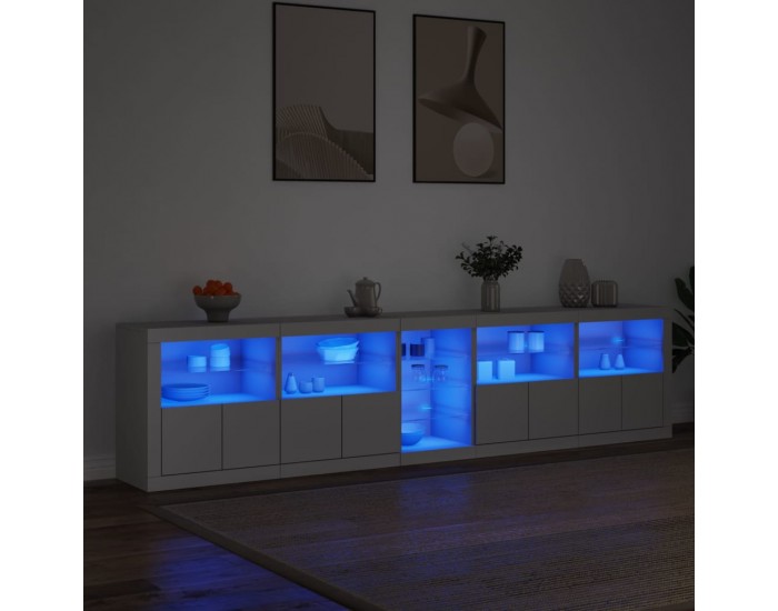 Sonata H Сайдборд с LED светлини, бял, 283x37x67 см