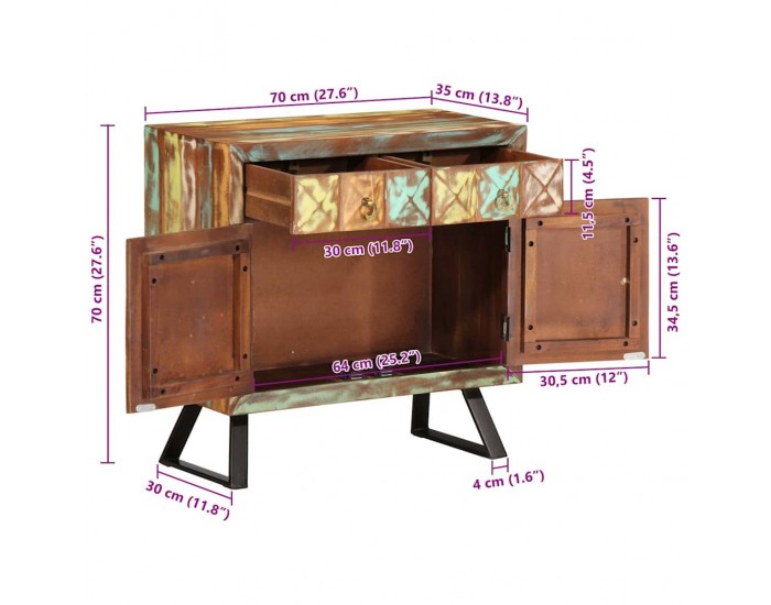 Sonata H Шкаф с чекмеджета пъстър 70x35x70 см регенерирано дърво масив