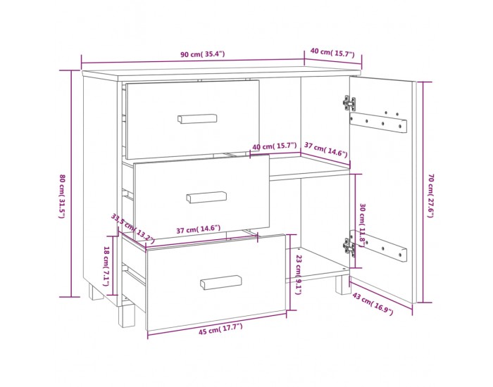 Sonata H Сайдборд HAMAR бял 90x40x80 см борово дърво масив