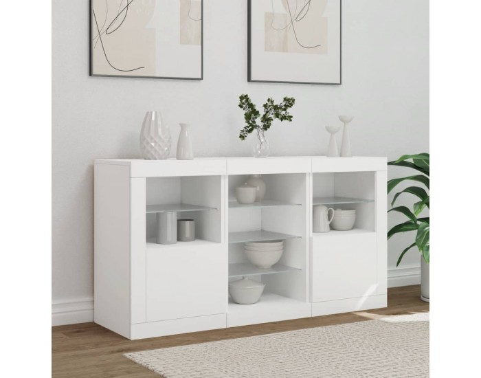 Sonata H Сайдборд с LED светлини, бял, 123x37x67 см
