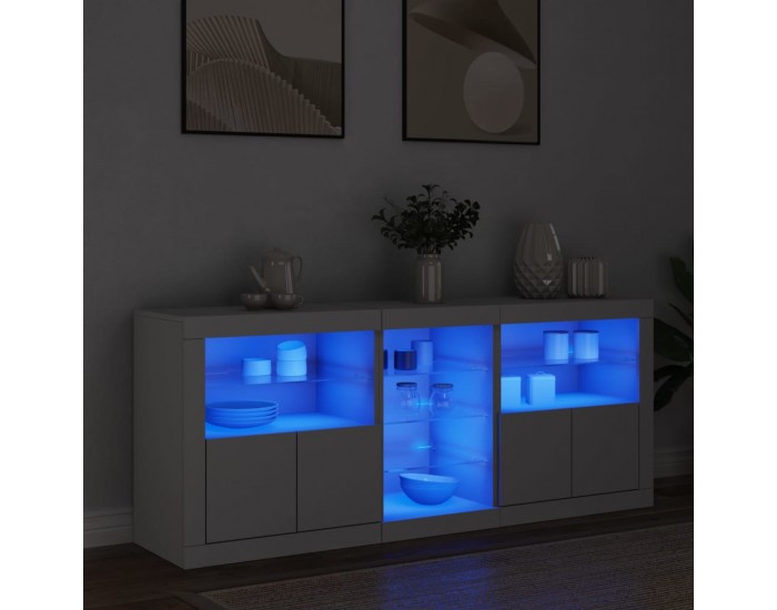 Sonata H Сайдборд с LED светлини, бял, 162x37x67 см
