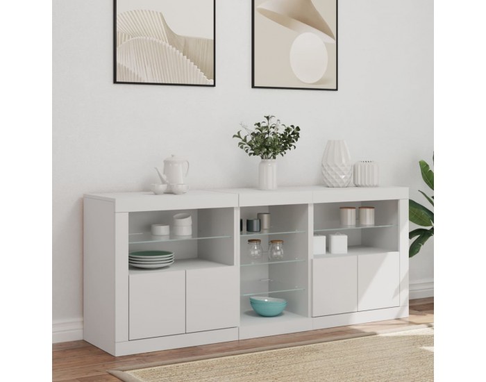 Sonata H Сайдборд с LED светлини, бял, 162x37x67 см