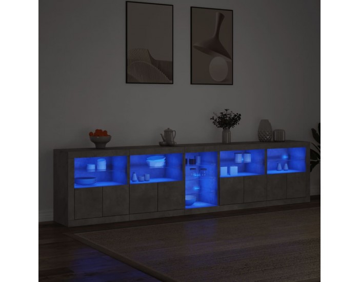 Sonata H Сайдборд с LED светлини, бетонно сив, 283x37x67 см
