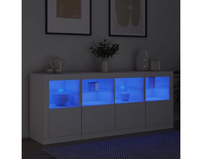 Sonata H Сайдборд с LED светлини, бял, 163x37x67 см